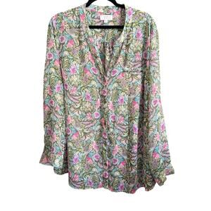 KUT FROM THE KLOTH | Green Floral Crinkle Chiffon Sheer Button down Shirt | 2x